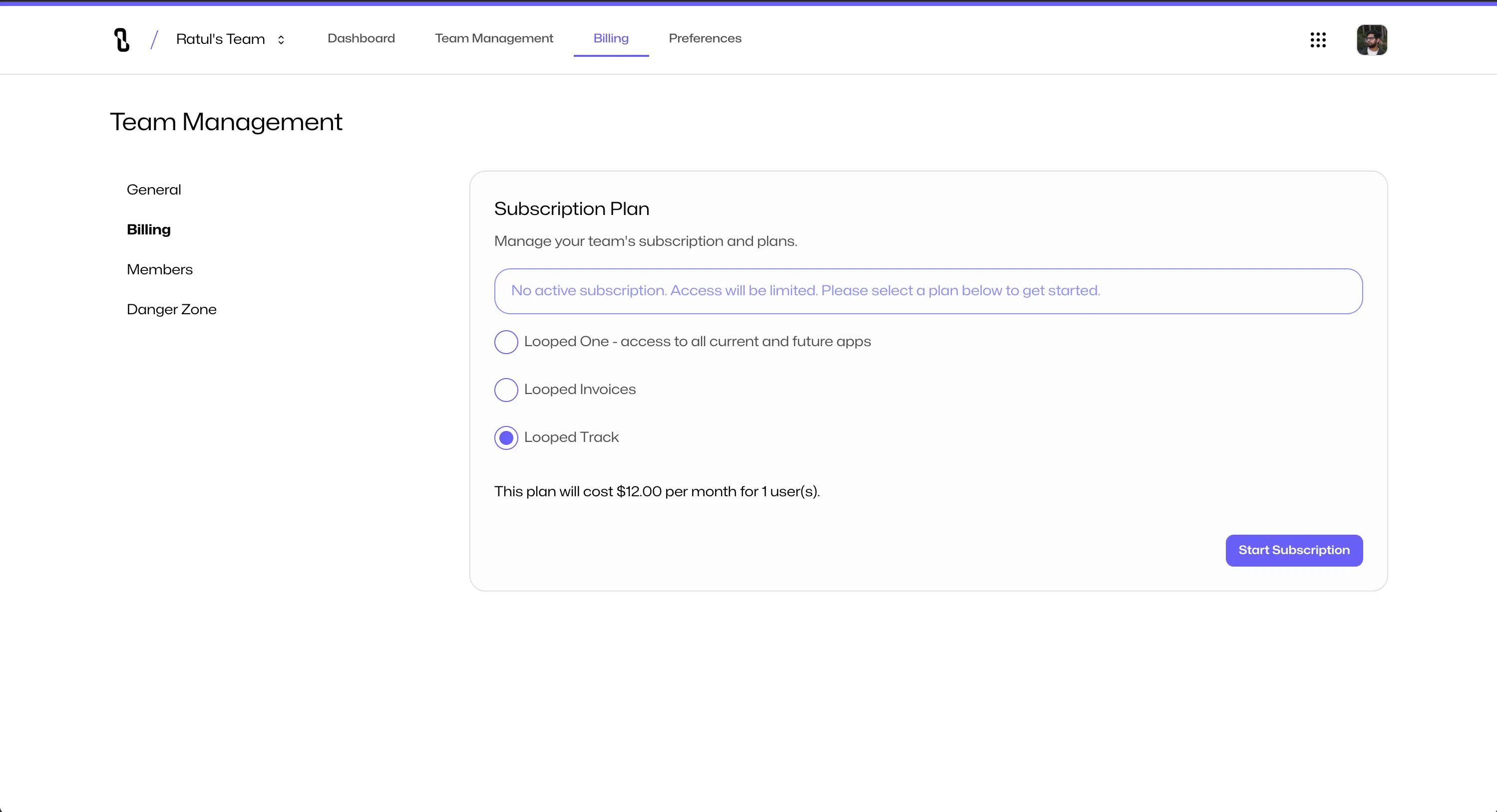 Screenshot of billing page
