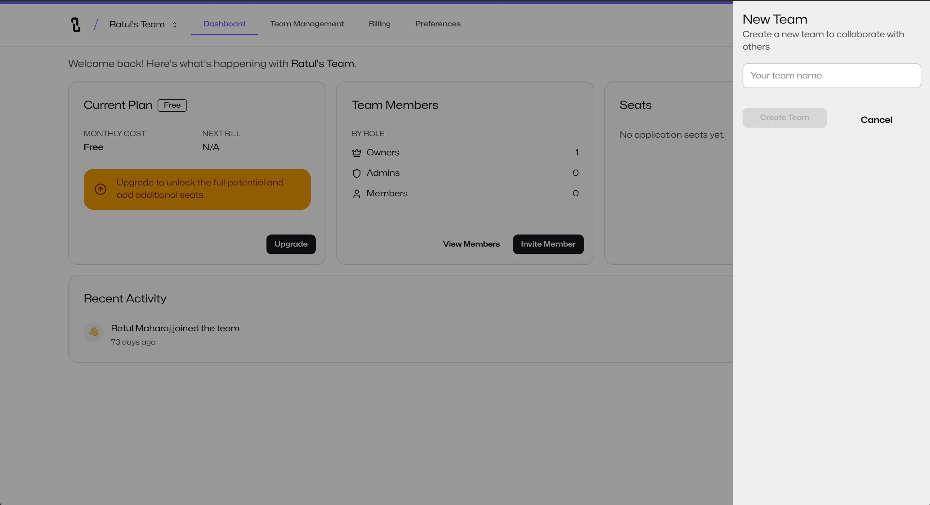 Screenshot of the team creation window
